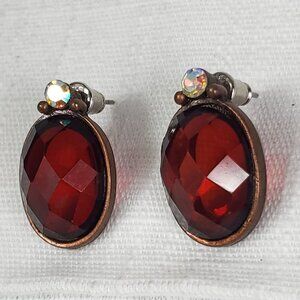 Vintage Red Resin Faceted Drop Oval Earrings with Rhinestone